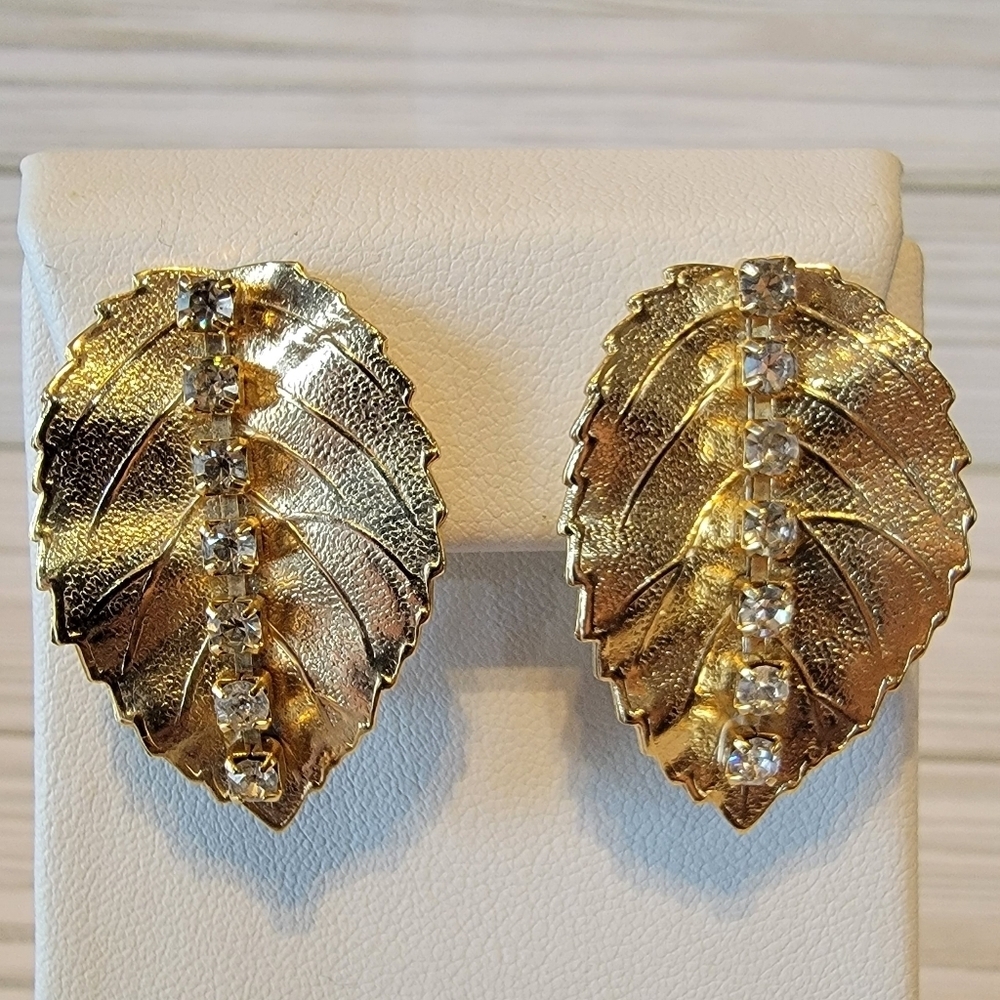 Vintage Gold Tone Rhinestone Leaf Statement Clip On Earrings